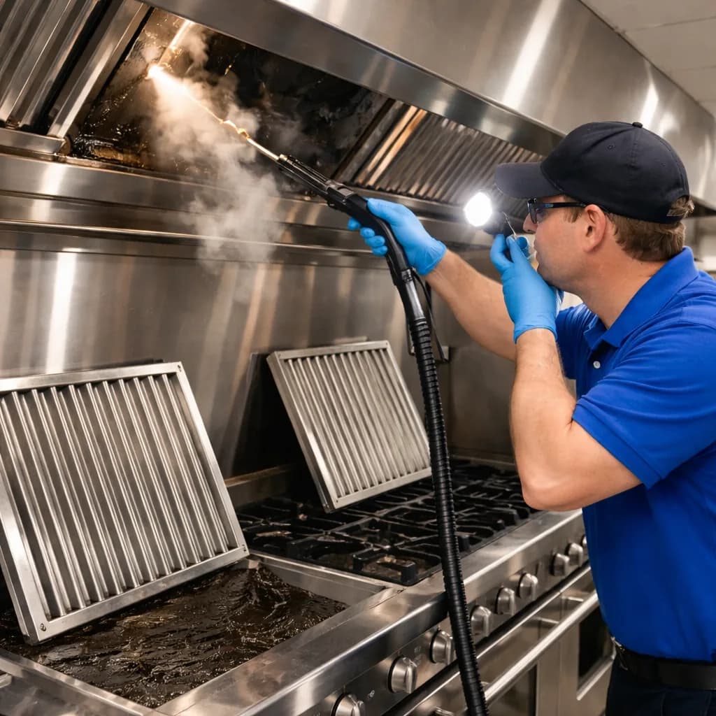 Commercial restaurant kitchen with clean hood system
