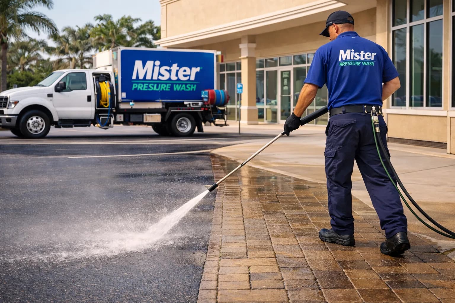 Clean commercial building exterior after pressure washing