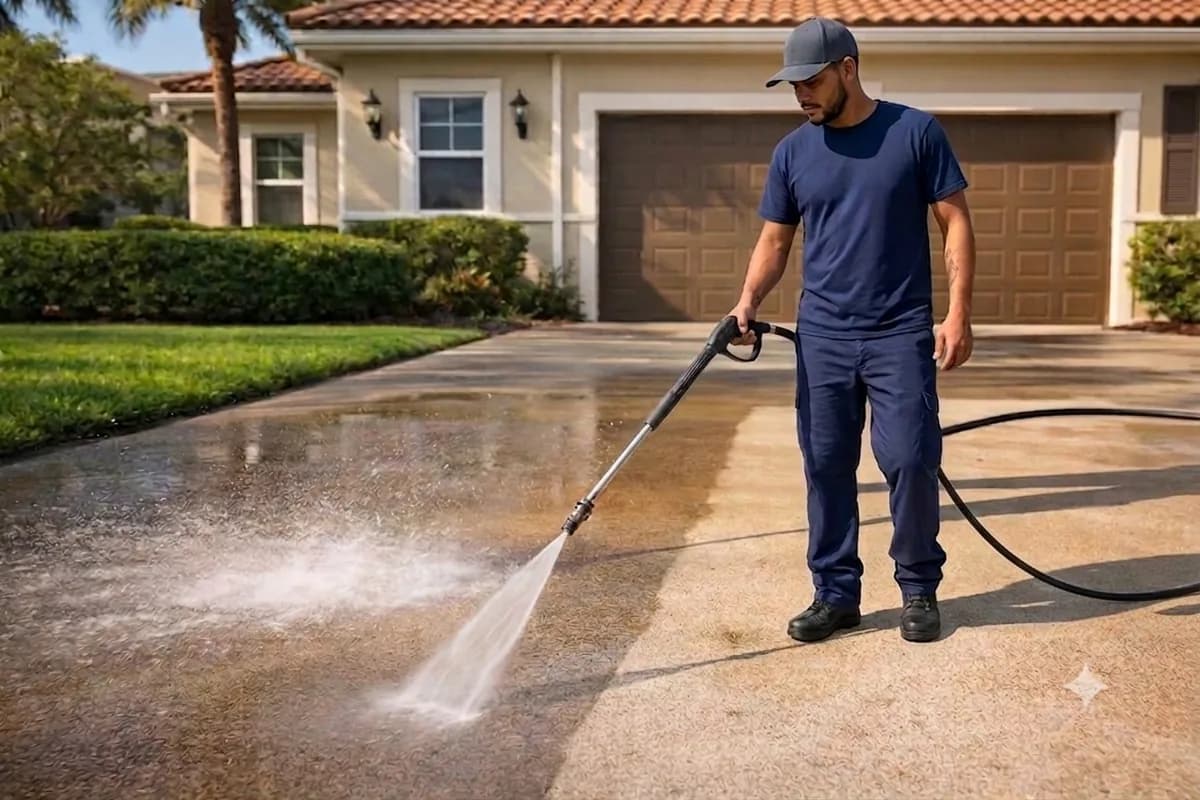 Professional driveway pressure washing in progress