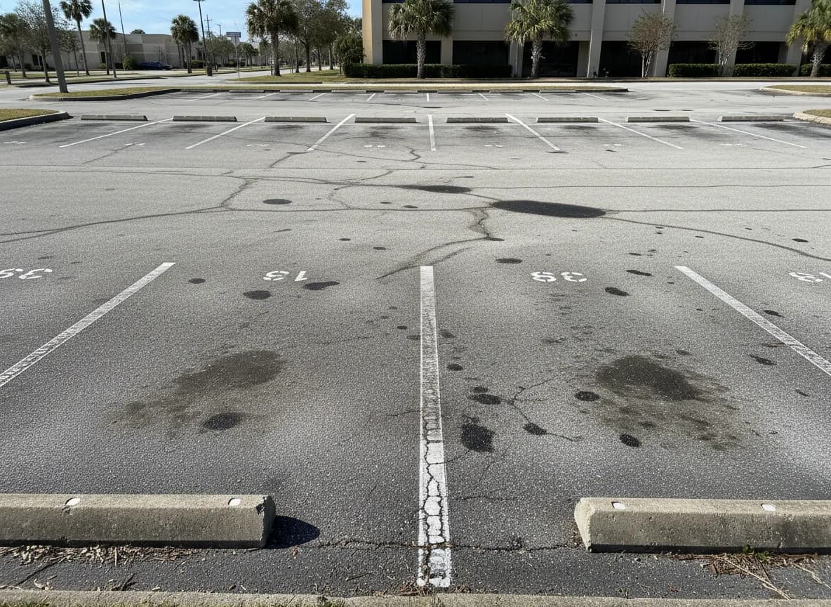 Faded commercial parking lot with oil stains before pressure washing