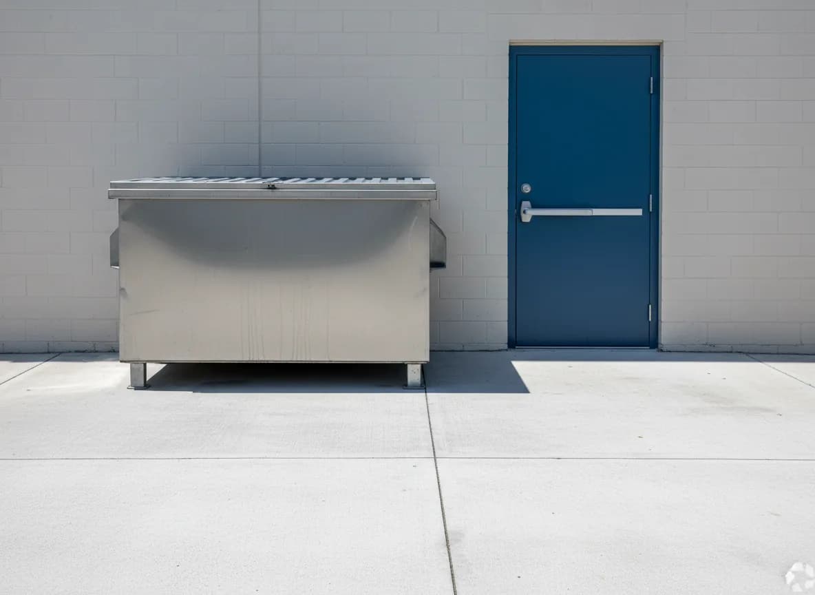 Clean restaurant rear dumpster pad after professional pressure washing and degreasing
