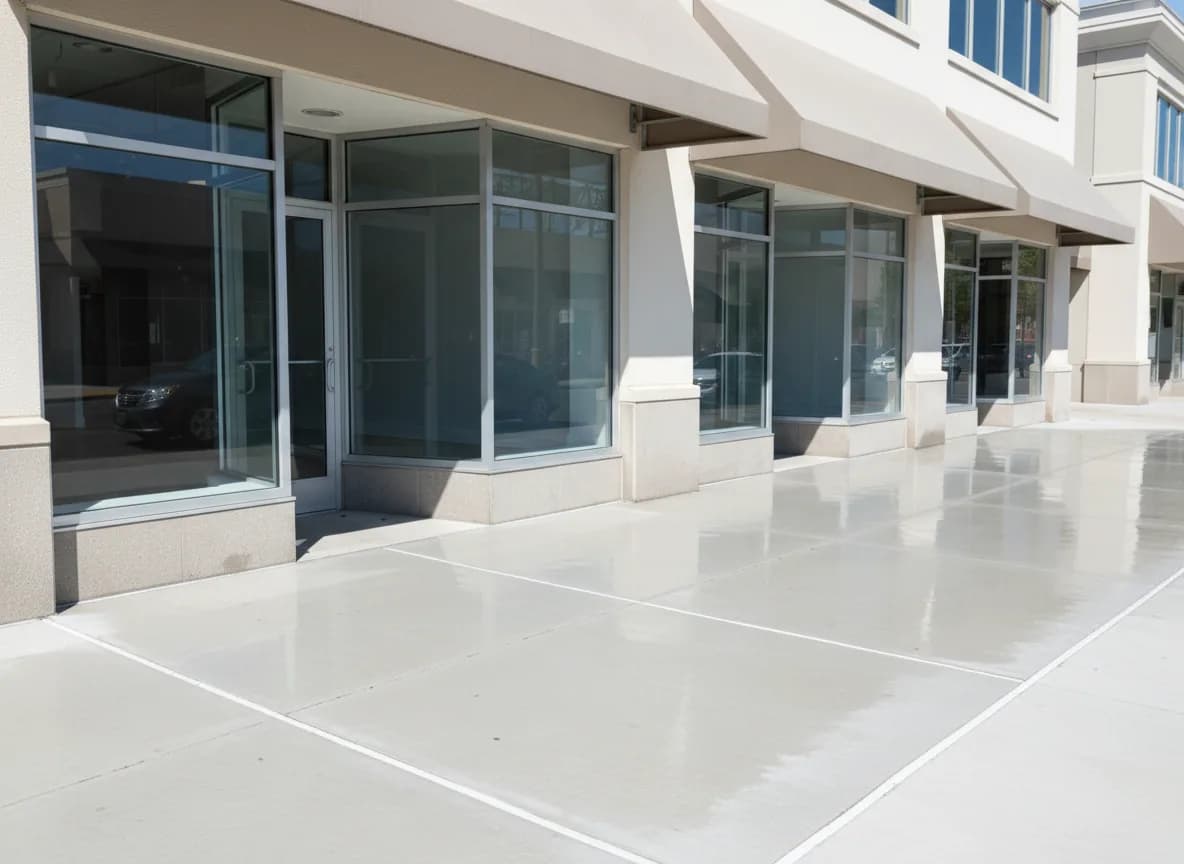 Clean strip mall storefront sidewalk after commercial pressure washing