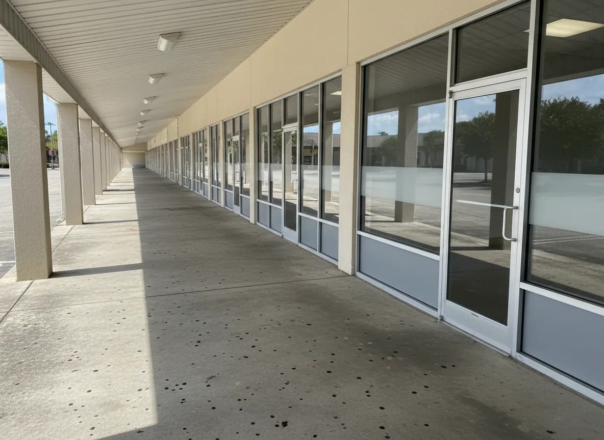 Strip mall covered walkway with mildew and scuff marks before pressure washing