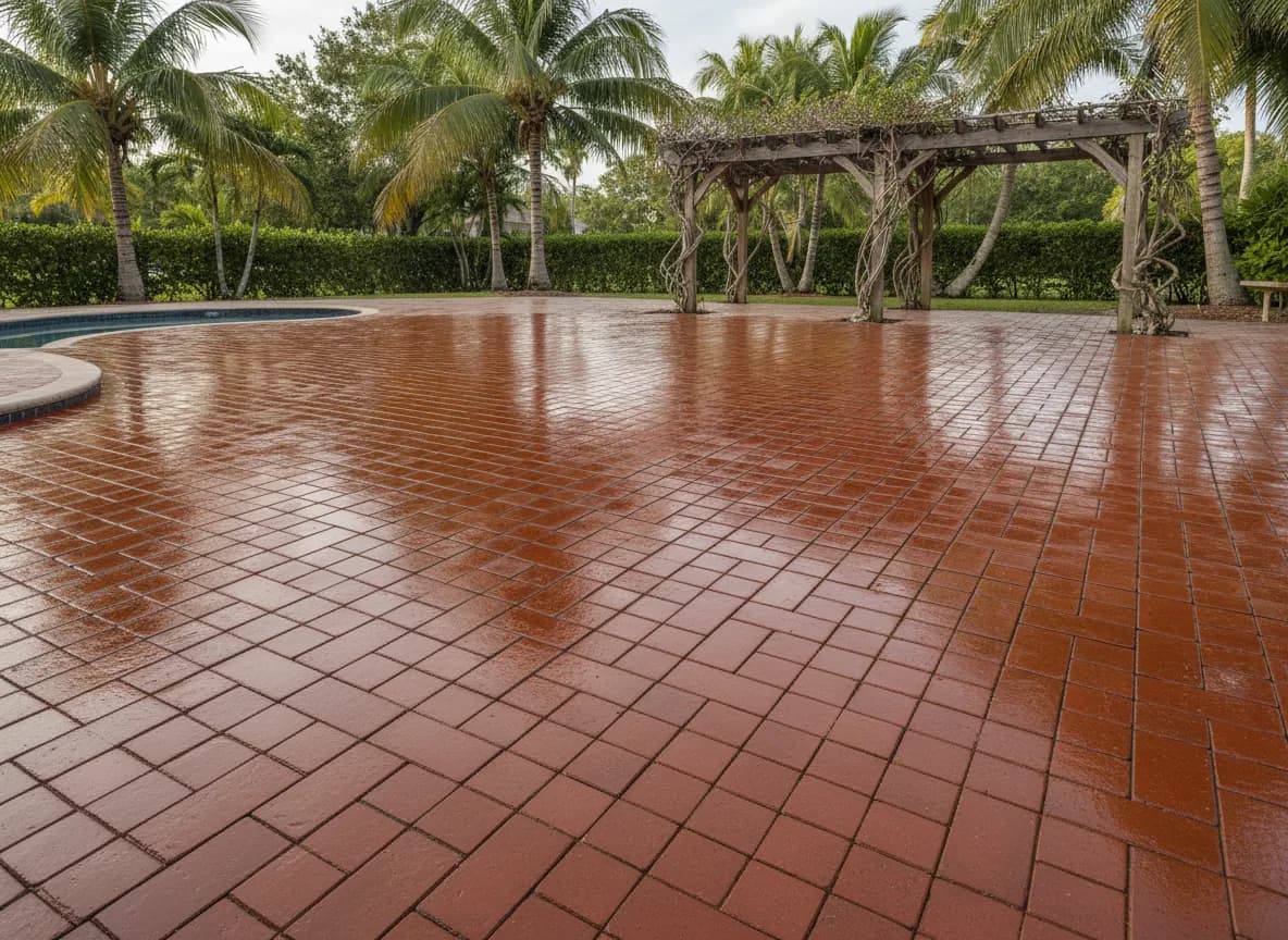 Brick paver patio with rich color and wet-look finish after professional sealing