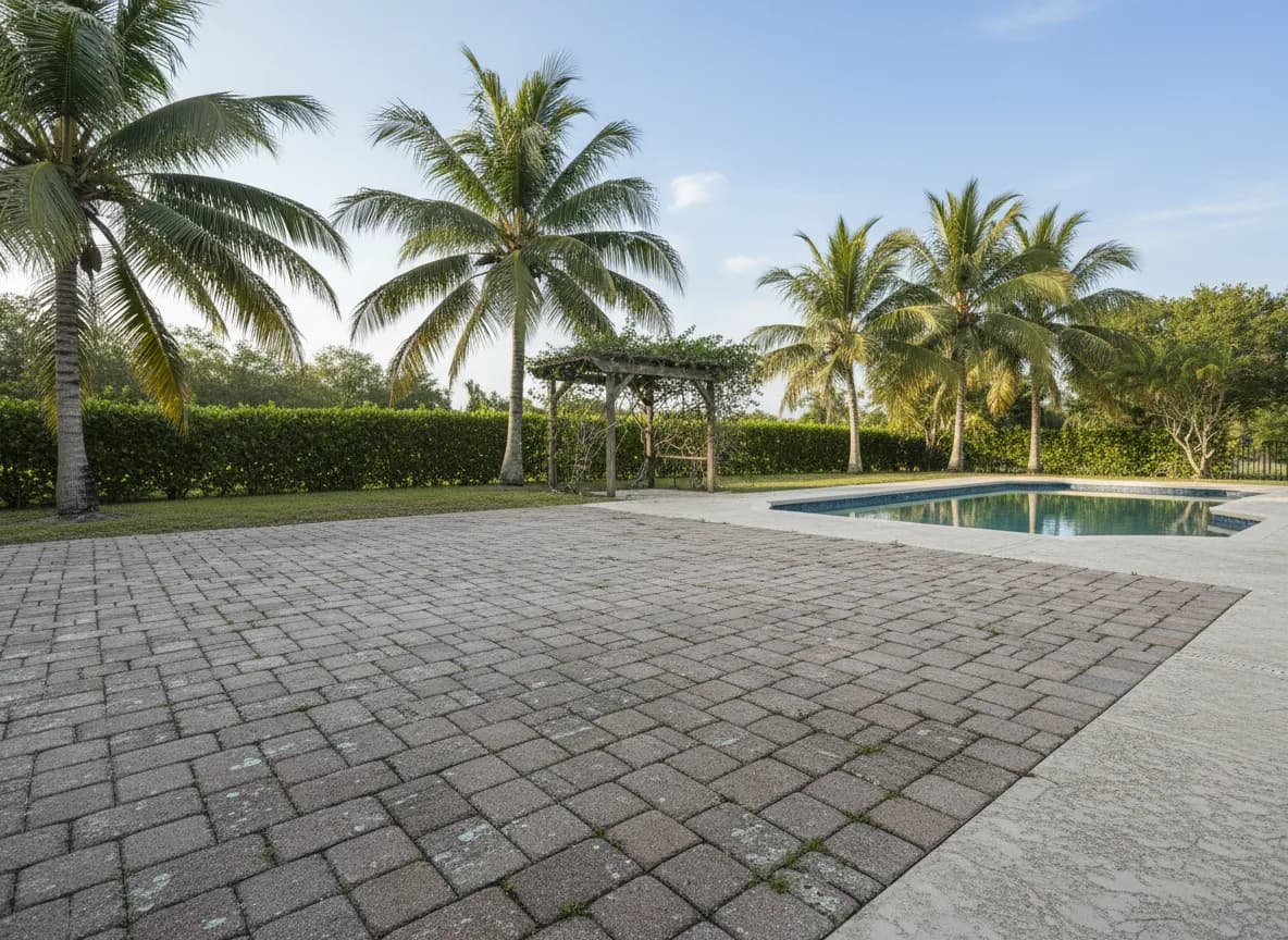 Faded brick paver patio with weeds and mildew before sealing