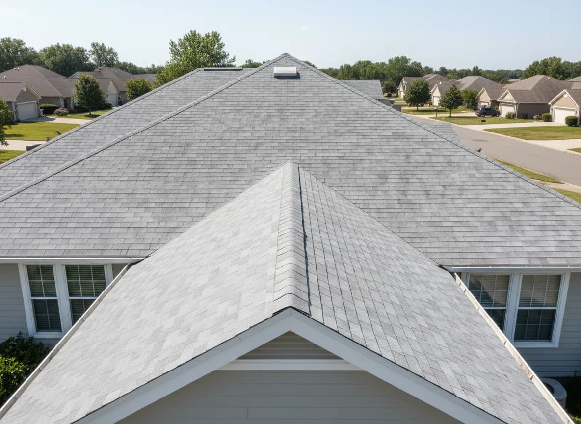 Clean asphalt shingle roof after professional soft wash treatment
