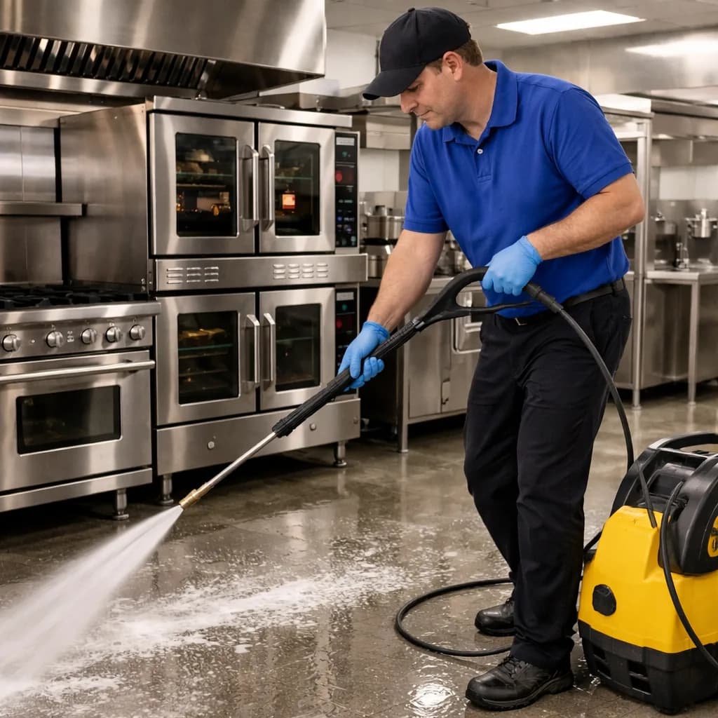 Spotless commercial kitchen equipment after professional detailing